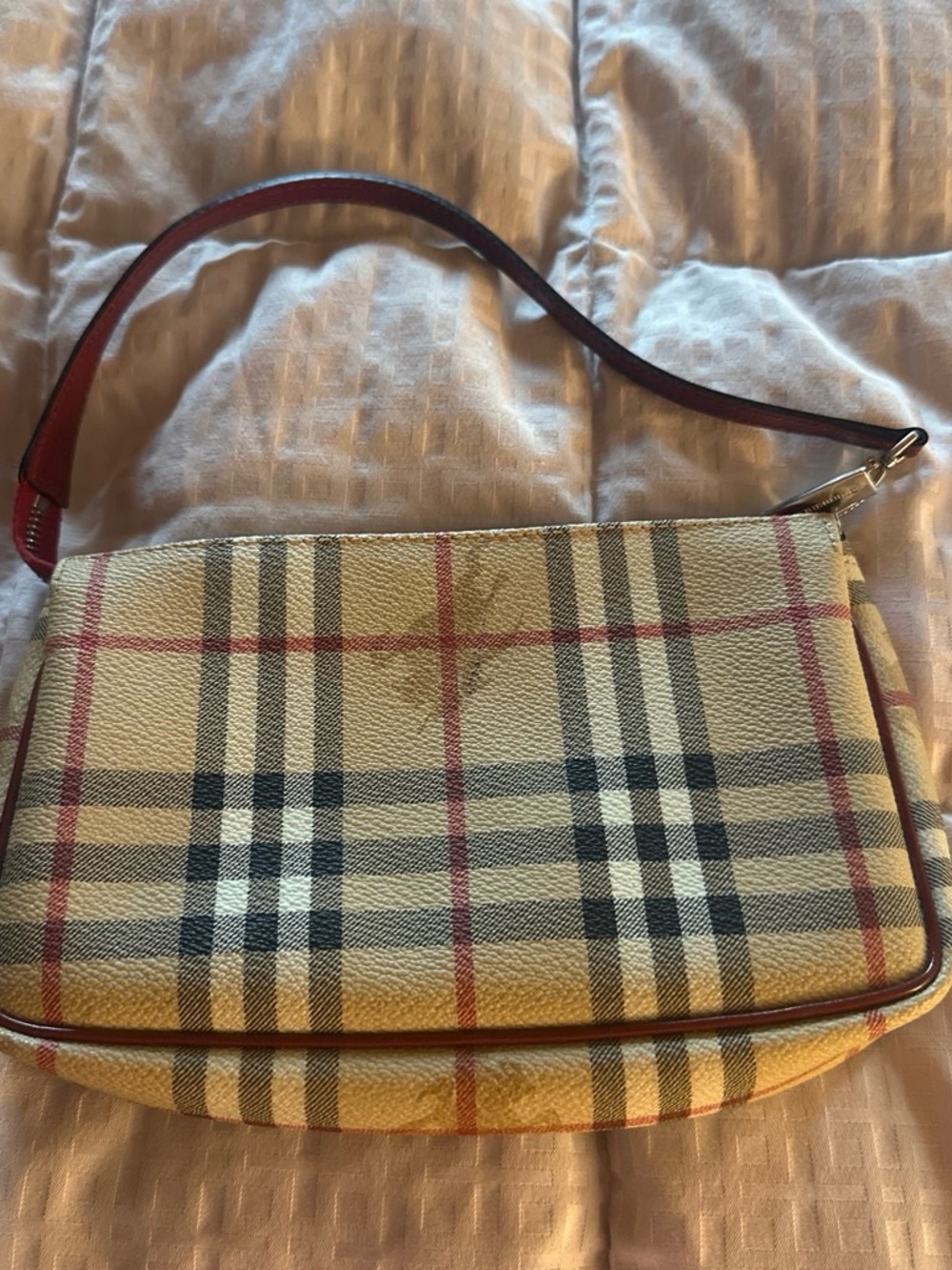 Tory Burch Plaid Shoulder Bag in Beige with Red Trim